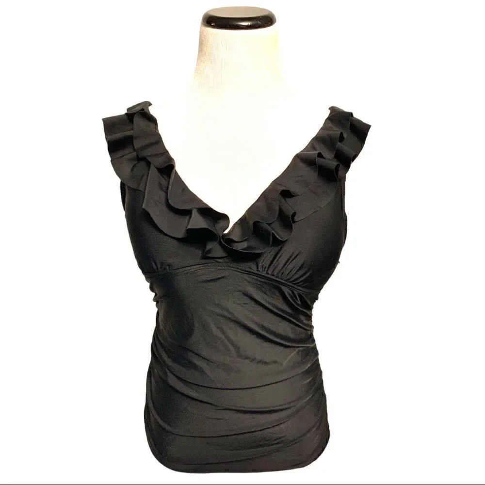 New! Yonique Black Ruffled Tankini Top Sz S